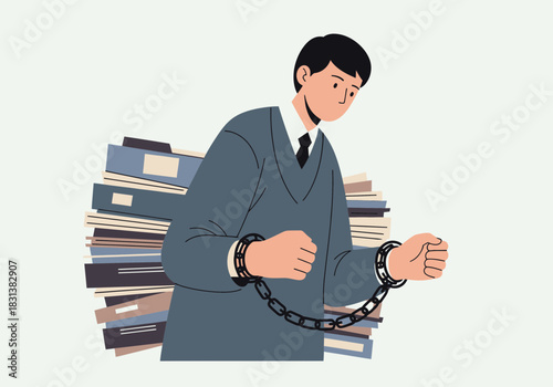 Man in suit chained to a large stack of files.