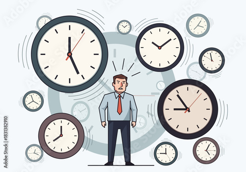 Man surrounded by many clocks, appearing stressed.