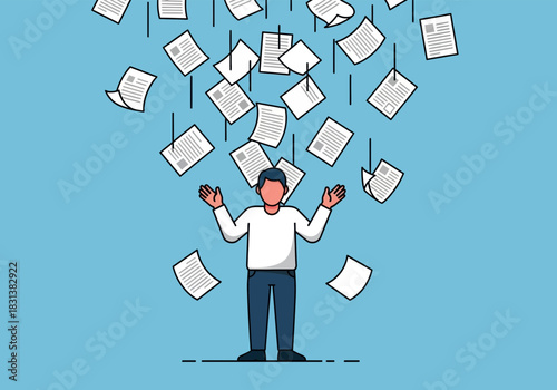Man overwhelmed by falling papers, arms outstretched in confusion.