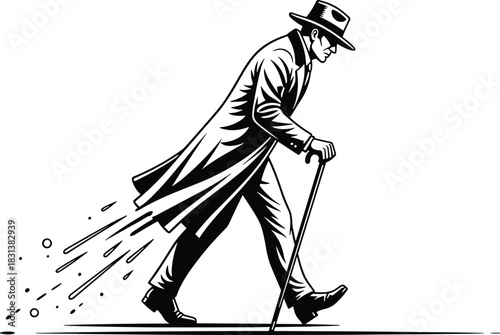 Stylized walking silhouette, person with cane, motion trail effect, black vector, symbolic transition, fatigue and movement, artistic concept, memory fade, dramatic posture