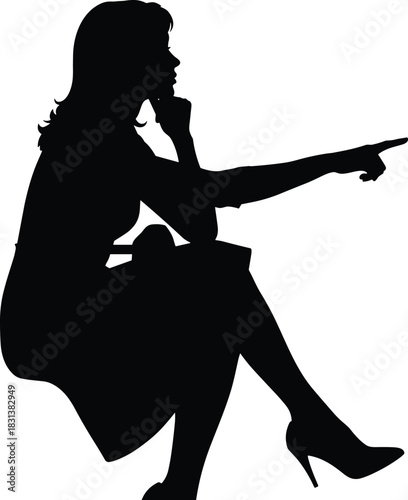 Thoughtful seated woman silhouette, pointing gesture, black vector, decision-making pose, contemplation moment, expressive posture, dress and heels, symbolic direction, artistic concept