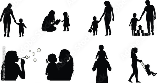 Adult child interaction silhouettes, caregiving moments, playful bonding, reading and swinging, nurturing scenes, black vector, parenting concept, educational activity, family love, outdoor play