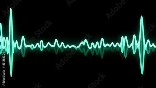 Technical 4K macro view of a thin light green waveform of sound vibration dynamically displayed on a black background representing the process of controlling the quality of an audio record and
