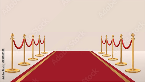 A red carpet with golden stanchions and velvet ropes leads to an unknown destination, creating a sense of anticipation and exclusivity for an event.