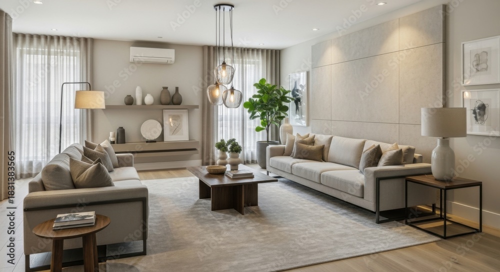 Fototapeta premium Modern Neutral Living Room with Comfortable Sofas and Elegant Decor