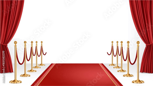 A red carpet with golden stanchions and velvet ropes leads the way, framed by elegant red curtains, creating a sense of anticipation and luxury.