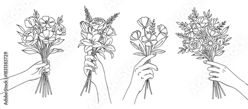 一輪・少数の花束を持つ手のイラストセット,ブーケ,フラワーギフト,感謝,バラ,ユリ,シンプル,ベクター,線画