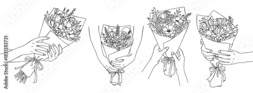 花束を持つ手のイラストセット（ブーケ・プレゼント）,感謝,お祝い,記念日,卒業式,フラワーギフト,シンプル,ベクター,線画