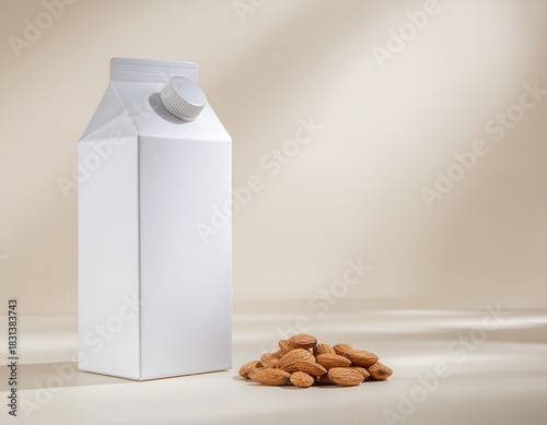 Blank white almond milk carton mockup with almonds on a neutral background.