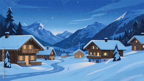 Snow Covered Countryside Illustrator Artwork Banner Background Design Template 