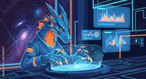 Futuristic dragon conducts in-depth data analysis in a virtual data center