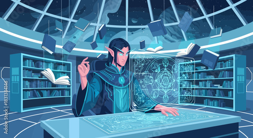 Futuristic elven mage casts spells in a modern library filled with knowledge