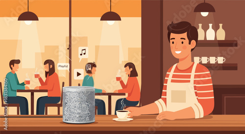 Cozy cafe ambiance with customers, server, and smart speaker creates inviting atmosphere