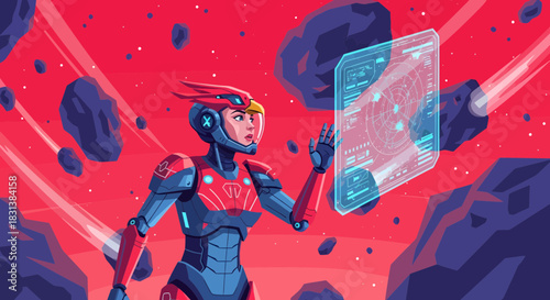 Futuristic spacewoman navigates asteroid field with holographic display panel