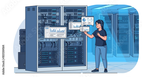 Cartoon Illustration of a Network Engineer Managing Data Servers in a Data Center