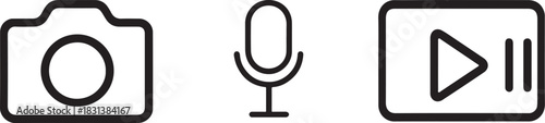  Vector Line Art Media Icon Set. Camera, Microphone, and Player Line Art for Web UI.