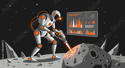 Futuristic robotic mining on lunar surface illustration with data analysis