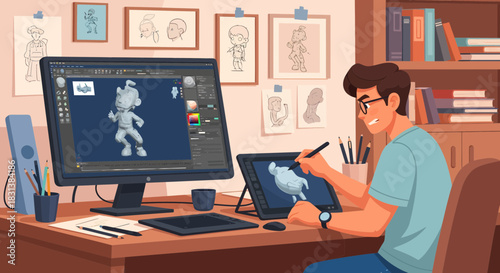 Animator sculpting a cartoon character using a graphics tablet at his workspace