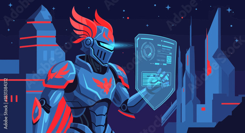 Futuristic knight interacts with holographic display in a digital cityscape