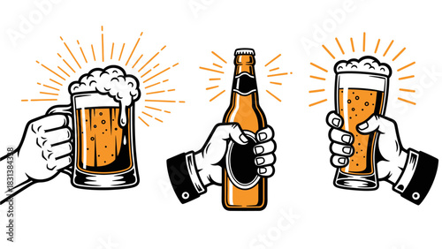 Three stylized hands raise a frothy mug, a bottle, and a pint of golden beer in a vintage vector design accented by celebratory sunburst lines