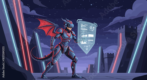 Futuristic dragon warrior equipped with VR headset navigates a digital landscape
