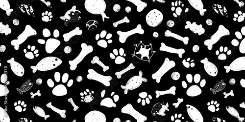 Fun pet-themed pattern with bones, paw prints, and fish on a dark background, perfect for animal lovers