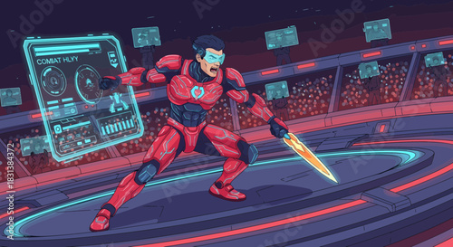 Futuristic arena combat scene, a hero with energy sword battling in front of a crowd