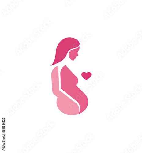 Elegant Vector Logo of a Pregnant Woman with a Heart Shape in Pink Tones