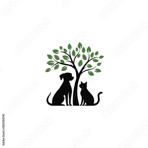 Stylized graphic featuring a silhouette of a dog and a cat sitting peacefully under a leafy green tree, symbolizing nature, pet care, and companionship
