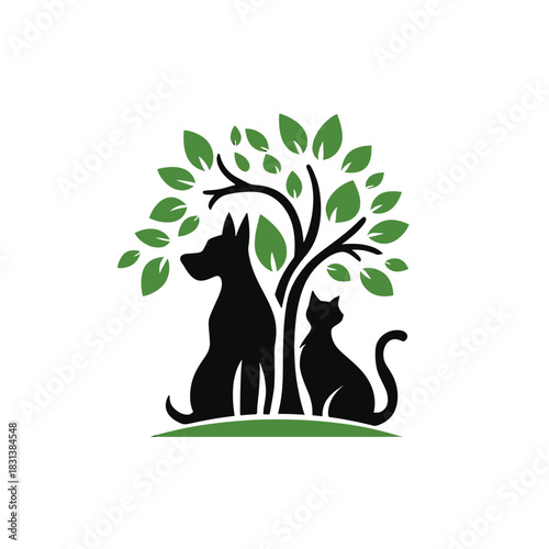 Harmony in Nature Dog and Cat Embrace Under a Green Tree, a Symbol of Pet Wellness and Care