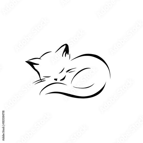 A minimalist black and white line art illustration of a cute kitten sleeping peacefully curled up