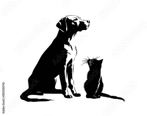 Dog and cat silhouette on a white background a friendly relationship