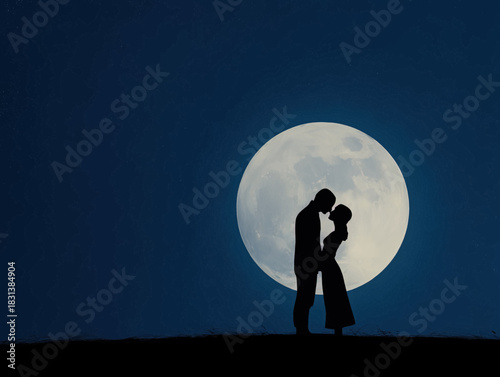 Romantic silhouette of a couple embracing under a large moonlit sky