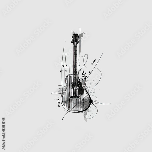 Dynamic Acoustic Guitar Artwork Adorned with Abstract Musical Elements and Textured Strokes