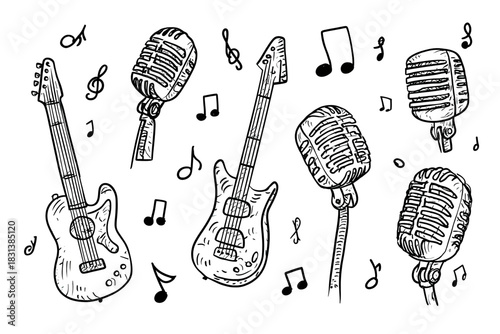 Vintage Music Equipment and Musical Notes Illustration