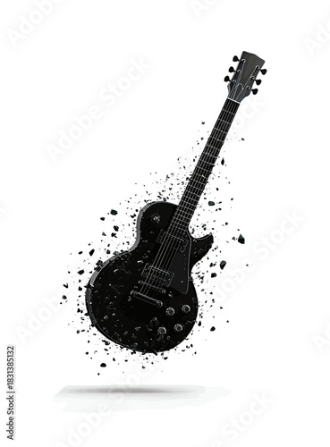 Abstract rock music concept with a black electric guitar exploding into particles on a white background