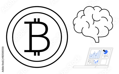 Bitcoin logo beside brain and laptop displaying data analytics. Ideal for cryptocurrency, technology, finance, innovation, artificial intelligence, blockchain, digital economy. Simple flat metaphor