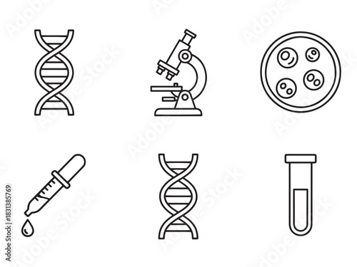 DNA Science Icons. DNA Science linear icon set. double helix, microscope, petri dish, pipette, gene strand, test tube