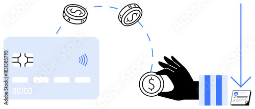 Contactless card transferring coins to a hand, leading to a receipt. Ideal for payments, transactions, e-commerce, banking, technology, finance and security themes. Simple flat metaphor