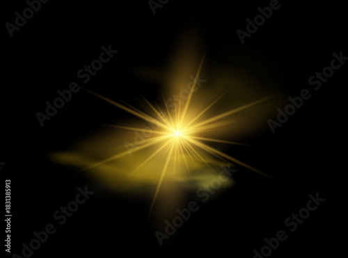 Yellow glowing light explodes on a transparent background. Sparkling magical dust particles. Bright Star.