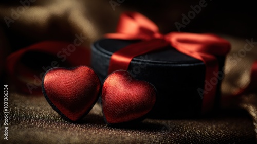 Luxury black gift box tied with red ribbon and small hearts.
