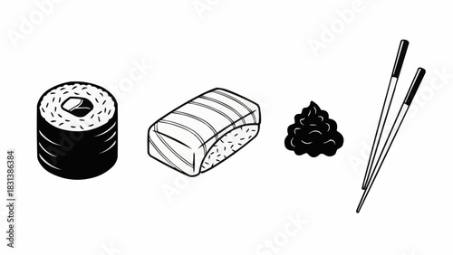 Monochrome line art illustration of a Japanese sushi set.