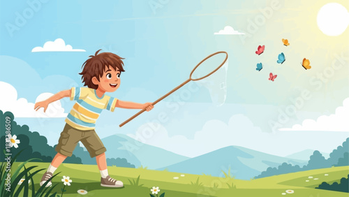 Boy with Net Chasing Butterflies in Meadow.