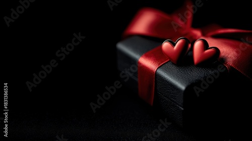 Luxury black gift box tied with red ribbon and small hearts.
