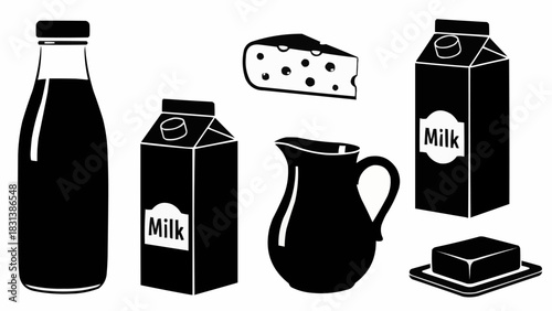 Collection of dairy products including milk bottles, cartons, cheese, butter, and a pitcher.