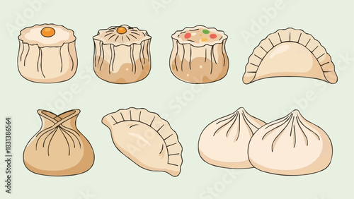 Hand drawn vector set of traditional Chinese dim sum food.