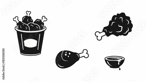 Monochrome Fried Chicken Icons - Bucket, Drumsticks, and Dipping Sauce.