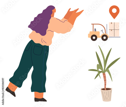 Woman interacting representatively with package delivery service concept. Map pin and forklift featured. Ideal for logistics, supply chain, e-commerce, warehouse, shipping, delivery mobility. Simple