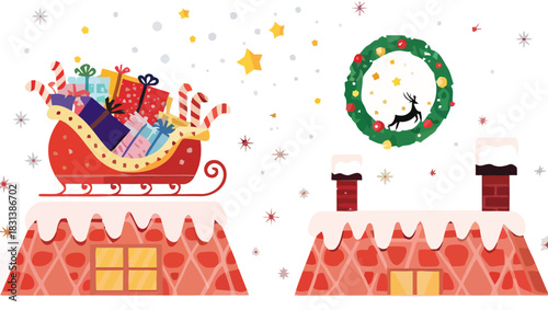 Christmas scene with santa's sleigh full of gifts on the roof and a christmas wreath decoration hanging 99 chars