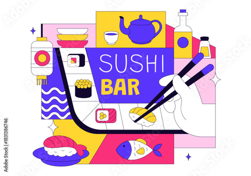 Sushi Bar Vector Illustration Featuring Japanese Asian Food or Restaurant Serving Sashimi, Rice, Soy Sauce, and Wasabi in a Flat Background